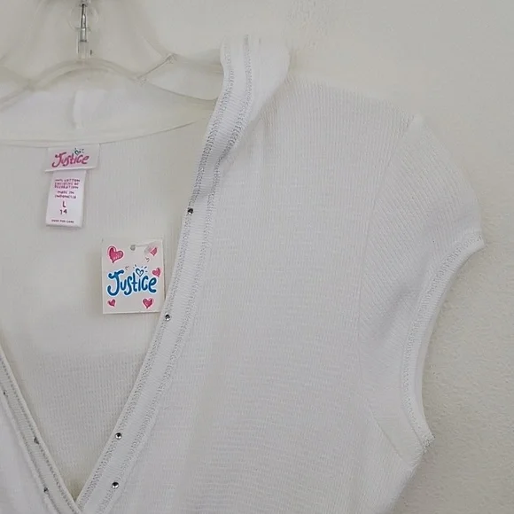 NWT Justice White Hoodie Cap Sleeve Bling Top L 14 - Picture 8 of 16